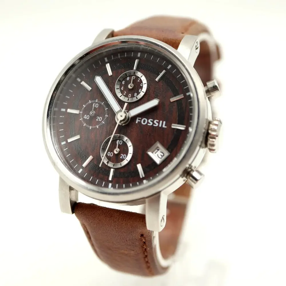 Fossil Boyfriend Wood Grain 38mm Chronograph Watch Brown Leather w New Battery